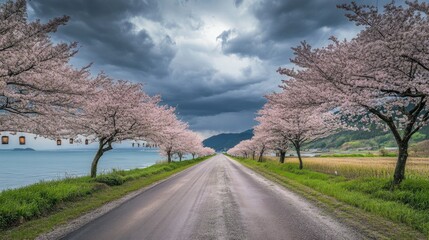 Fototapeta premium A long road is flanked by blooming trees under a cloudy sky