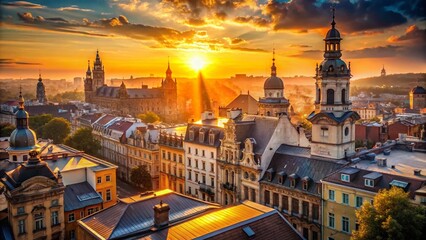 Fototapeta premium Vintage Cityscape Skyline at Sunset - Retro Urban Panorama