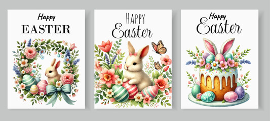 Beautiful collection of Easter greeting cards featuring adorable bunnies, floral wreaths, pastel eggs, a festive cake with bunny ears.Perfect for holiday invitations, prints, and seasonal decorations