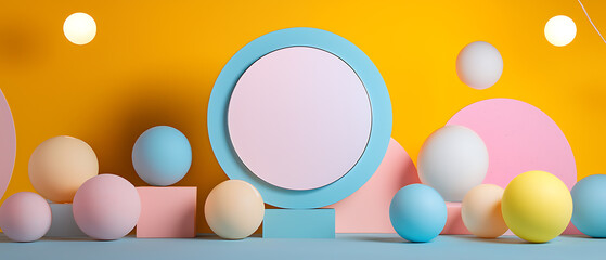 Creative playful composition with colorful shapes and balls studio setting digital art bright environment high angle view