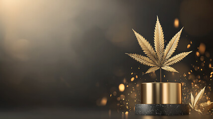 Celebratory cannabis trophy presentation studio digital art elegant dramatic lighting luxury concept