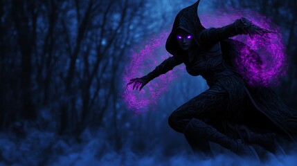 Dark sorceress casting magic for night forest.