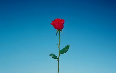 Single Red Rose Against Blue Sky, Minimalist Floral Image