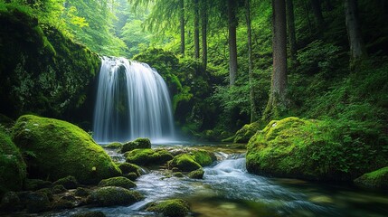 Obraz premium Serene Waterfall Cascading Over Mossy Rocks in Lush Green Forest