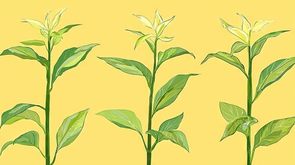 Fototapeta premium Three flowering plants, yellow background, growth, botanical illustration, design element