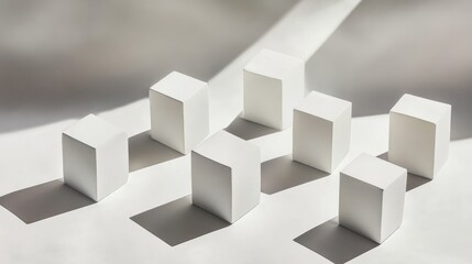 White geometric cubes casting shadows on a minimalistic surface under soft natural light