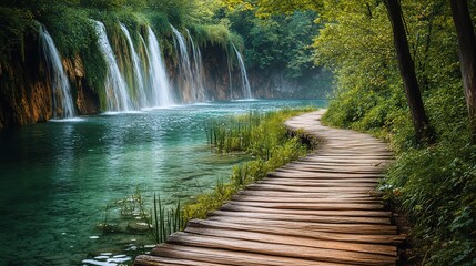 Fototapeta premium Scenic Wooden Pathway Through Lush Plitvice Lakes Park Trail