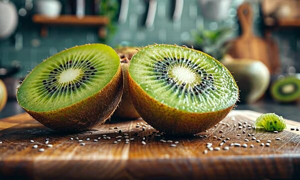 Freshly cut kiwi halves on a wooden board in a cozy kitchen with green decor and utensils