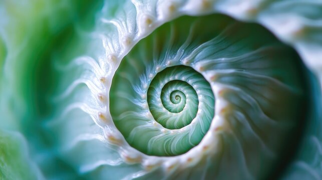Close-Up View of a Nautilus Shell Featuring Intricate Spiral Patterns and Subtle Shades of Green and White