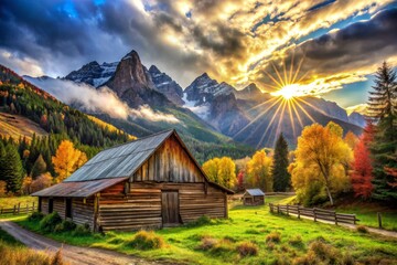 Autumn Mountain Landscape with Rustic Barn