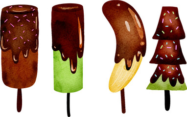 Watercolor Illustration of Fruit with Chocolate. Es Kulkul Indonesian Food.