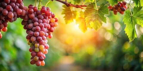 A lush red grape cluster hanging from a curved green vine branch with leaves , nature, plants,  nature, plants, harvest