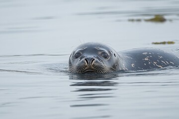 Obraz premium Harbor seal swimming in the ocean, its head is above the water. Use this for wildlife or conservation themed projects.