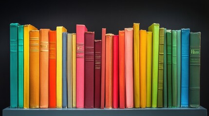Colorful Row of Vintage Hardback Books Stacked on Shelf Against Dark Background