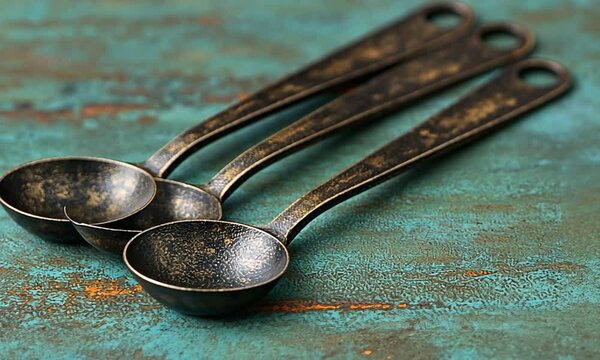 Three antique metal measuring spoons arranged on a rustic teal wooden surface, perfect for culinary use