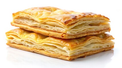 Flaky pastry layers unfolded on a white background, revealing buttery and golden layers , baked, snack,  baked, snack