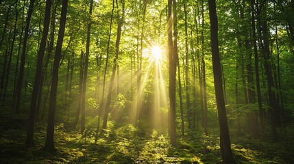 Fototapeta premium Sunlight Filtering Through Fresh Green Deciduous Forest Trees