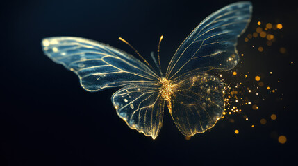 A luminous butterfly crafted from golden light, its delicate wings formed by intricate patterns of glowing particles, gently hovering in the darkness