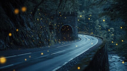A winding road through the forest tunnel at twilight