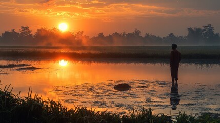 Fototapeta premium Sunrise, farmer, rice paddy, mist, reflection, serenity, rural scene, Asia