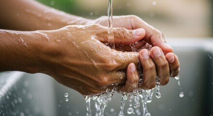 Hands washing under flowing water, showcasing cleanliness in a serene outdoor setting with blurred greenery