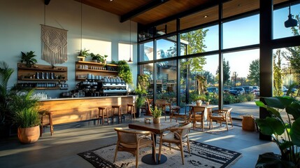 Modern cafe interior with large windows overlooking parking lot, sunlight streaming in