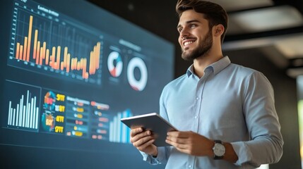 A Smiling Man Looking At Data Charts While Holding A Tablet