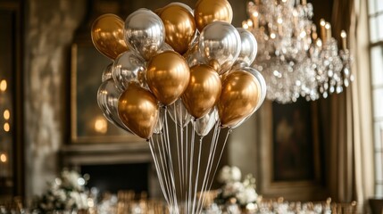 Gold, silver balloons centerpiece, elegant ballroom, celebration