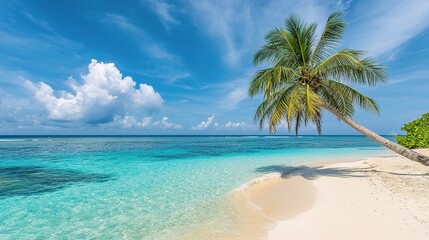 Serene Tropical Beach with Clear Blue Waters and Palm Tree View