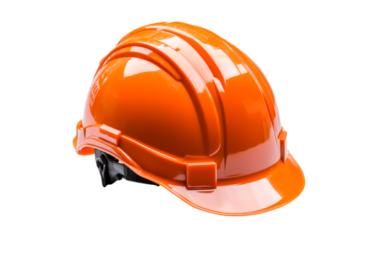 Bright orange hard hat designed for safety in construction isolated on transparent background