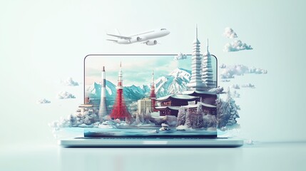 Fototapeta premium Snowy landscapes of Hokkaido, featuring Daisetsuzan Park and Niseko Ski Resort, emerging from a vertical laptop. Bright, clean design with winter vibes.
