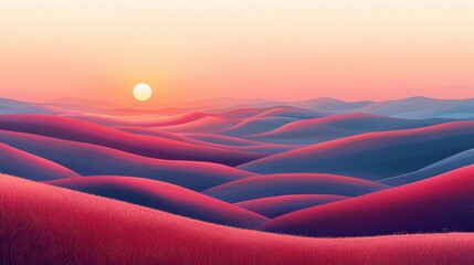 Serene Sunrise Over Wavy Landscape with Gradients of Pink, Purple, and Blue Hues