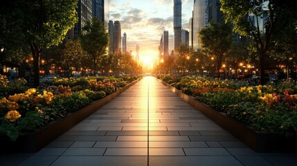 Urban pathway at sunrise, city park, flowers, skyscrapers
