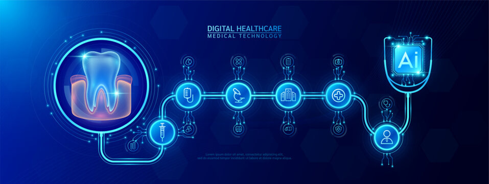 Teeth gum organ human and AI chip medical in stethoscope with icon cross, syringe, hospital, doctor. Technology digital health care check up modern. Dark blue background banner vector.