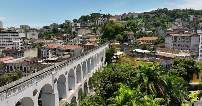 Aerial view of Old Town of Rio de Janeiro with Carioca Aqueduct leading to Santa Teresa neighborhood, Brazil