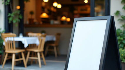 Elegant blank sign stands before inviting cafe, perfect for promotion