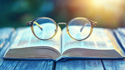 Open book with glasses on wooden table outdoors, sunlight