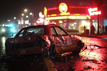 damaged taxi cab involved rear end collision rainy night, with shattered glass and debris scattered around. scene is illuminated by neon lights from nearby establishments, creating dramatic