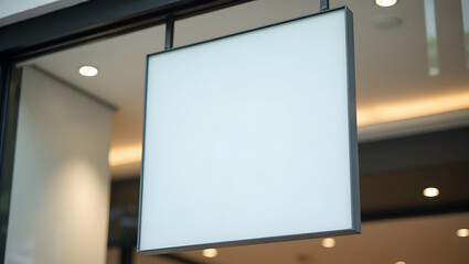 Elegant white rectangular sign hanging gracefully indoors display space