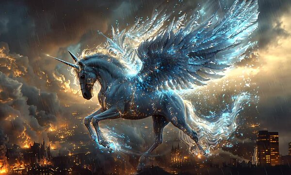 A majestic winged unicorn gallops through a fiery landscape, illuminating the dark sky with magic