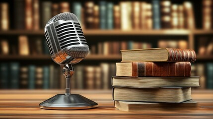 Vintage microphone in library, books, podcast, presentation
