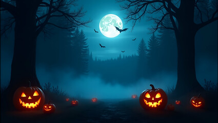 Enchanting Halloween Night, Spooky Pumpkins Glow Under a Silvery Moon
