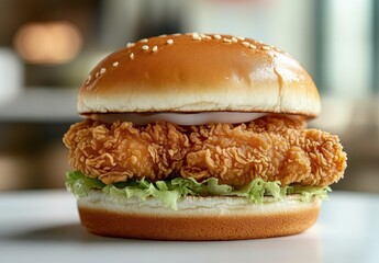 Freshly Made Crispy Chicken Sandwich with Sesame Seed Bun and Lettuce on a Clean White Surface in a Restaurant Environment