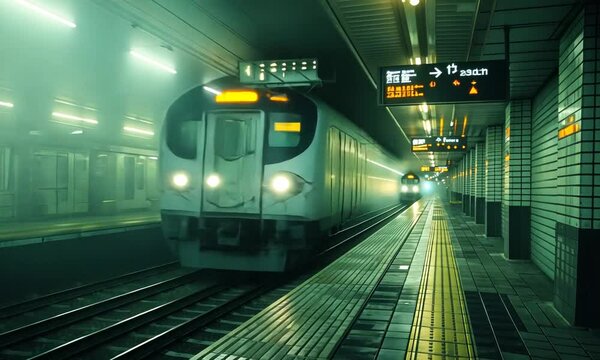 A train arriving at a misty subway station, illuminated by soft yellow lights, with empty platforms