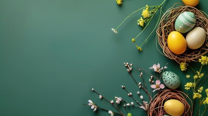 Fototapeta premium Easter Dark Green Background: Interweaving Nature and Hope, Rendering a Sacred Celebration