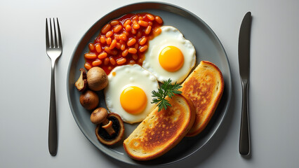 A top-down view of a classic English breakfast with eggs, toast, mushrooms, and baked beans, neatly arranged on a gray plate, showcasing vibrant colors and appetizing textures.