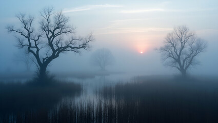 Fototapeta premium Ethereal dawn landscape, Bare trees piercing a misty wetland at sunrise