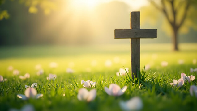 Ethereal morning light illuminating a simple wooden cross in a serene meadow landscape at sunrise
