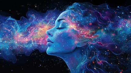 Woman's serene face with closed eyes surrounded by a colorful nebula representing the aquarius zodiac sign