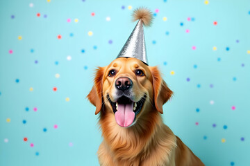 Festive golden retriever celebrating with a party hat and joyful expression